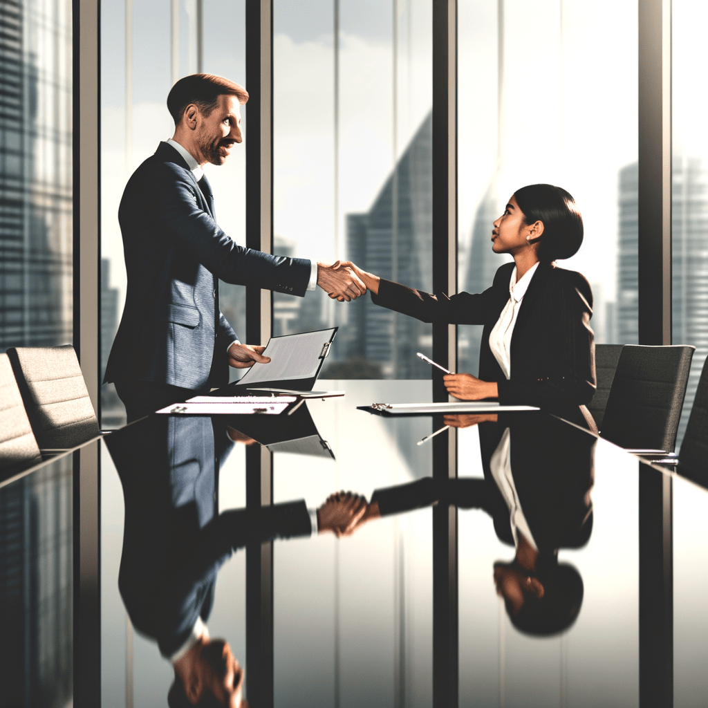 Profissionais em traje formal apertando as mãos em escritório moderno, simbolizando colaboração e confiança no modelo de negócio B2B.