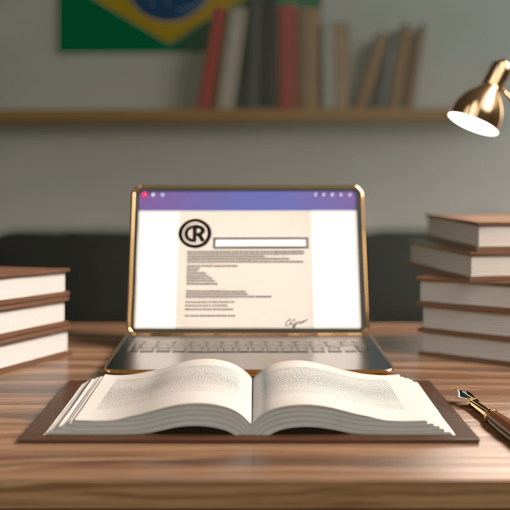 Mesa com livro aberto, documentos, caneta e laptop exibindo formulário de registro de direitos autorais, destacando prova de anterioridade.