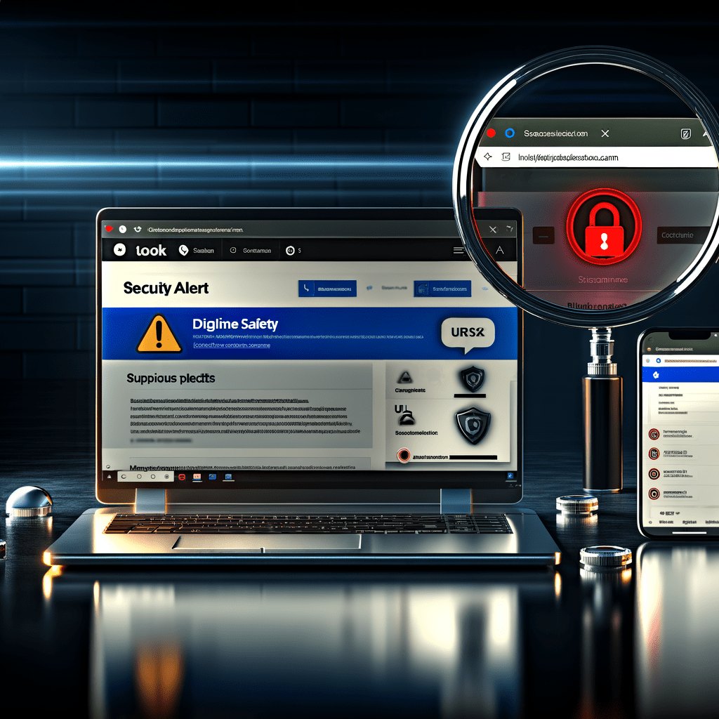 Laptop com alerta de segurança, lupa destacando site suspeito e smartphone com app de verificação de URL.