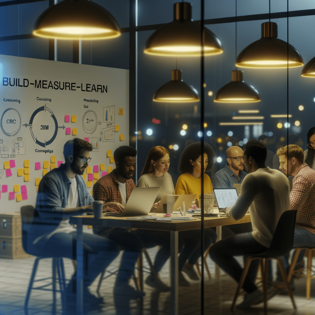 Equipe de startup colaborando em coworking moderno à noite, cercada por laptops, protótipos e diagramas, com foco no ciclo