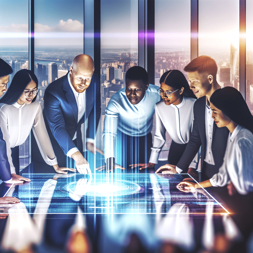 Equipe diversa em escritório moderno analisando projeção holográfica de modelo de negócios, simbolizando inovação e crescimento de startups.