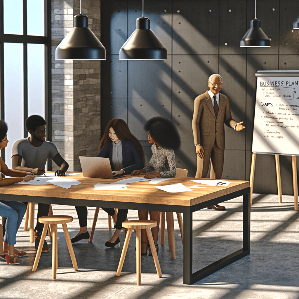 Equipe em coworking discutindo plano de negócios para startup com mentor, laptops e quadro branco, destacando inovação e colaboração.