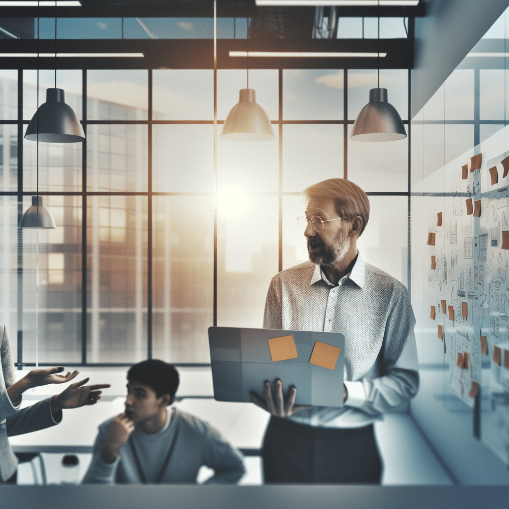 Empreendedor jovem em coworking com laptop, whiteboards e mentor, representando inovação e como montar sua startup.
