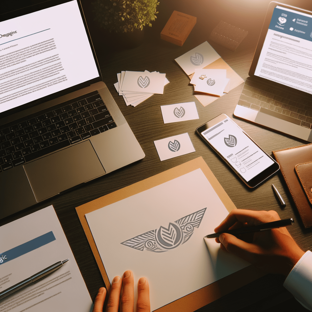 Designer esboçando logo em mesa de escritório, com materiais de branding, laptop exibindo formulário do INPI e smartphone com redes sociais.