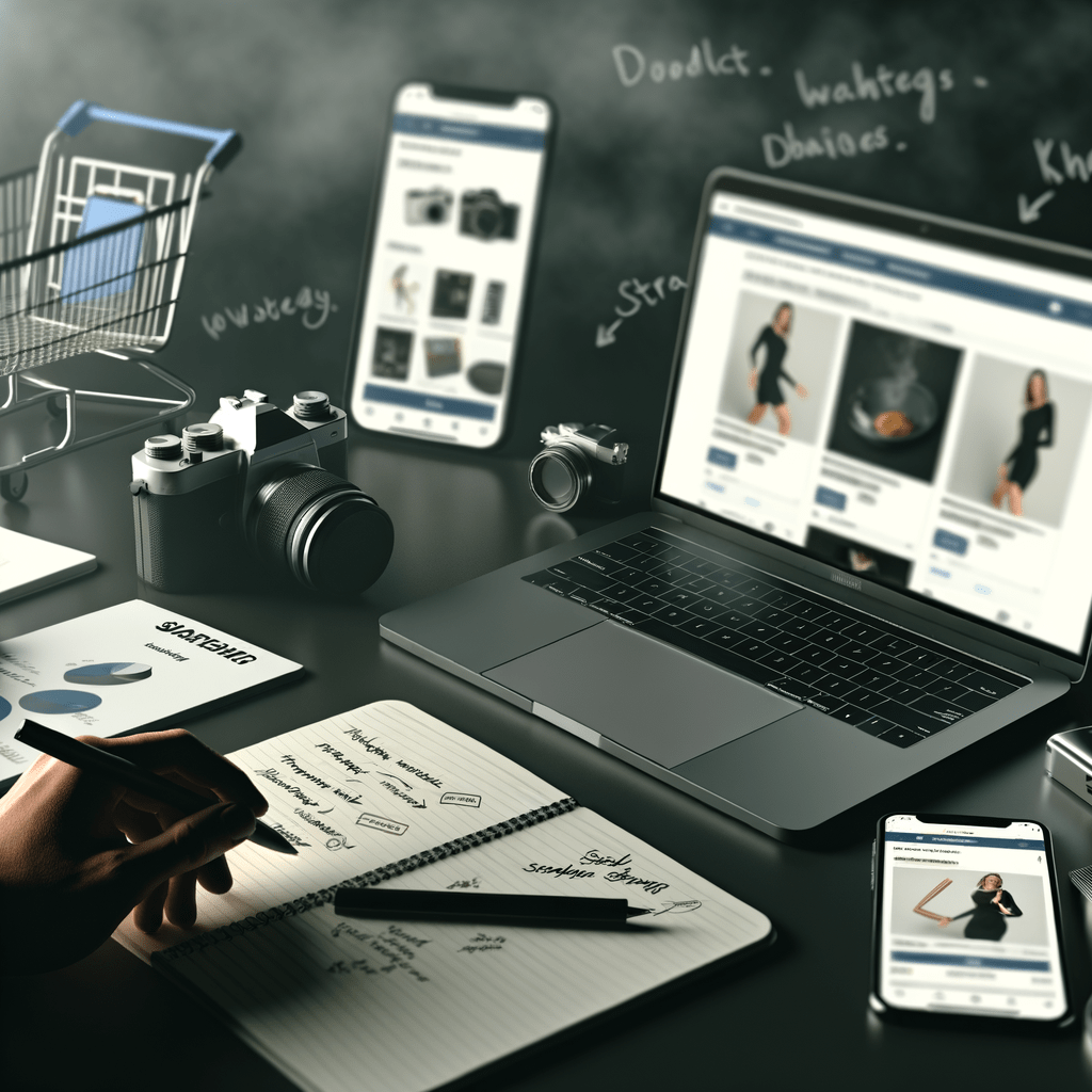 Laptop com página de produto no Mercado Livre, fotos de produtos, câmera e smartphone com analytics em mesa organizada.