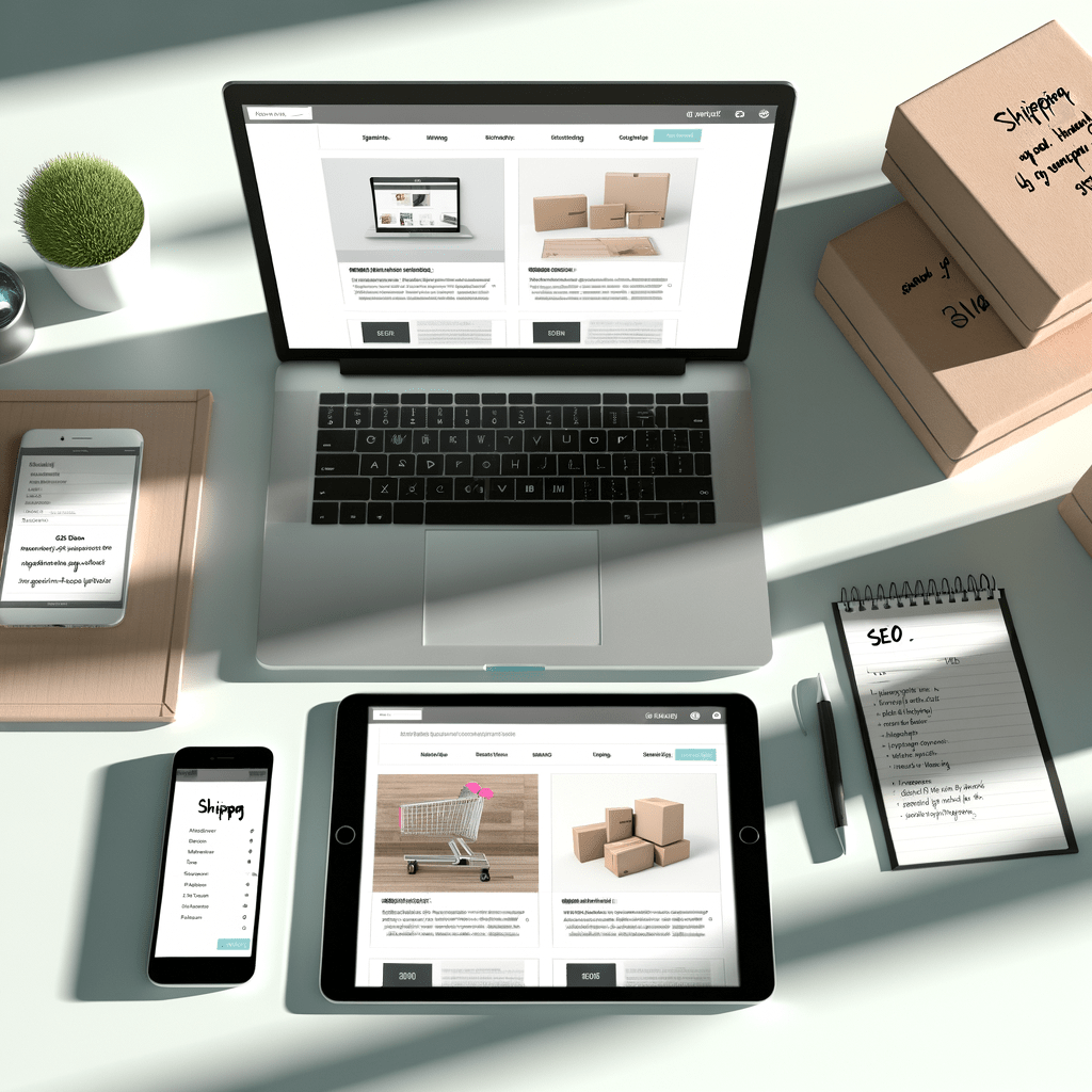 Laptop com página de cadastro de produtos no Mercado Livre, fotos de produtos, caderno com dicas de SEO e smartphone com opções de envio.