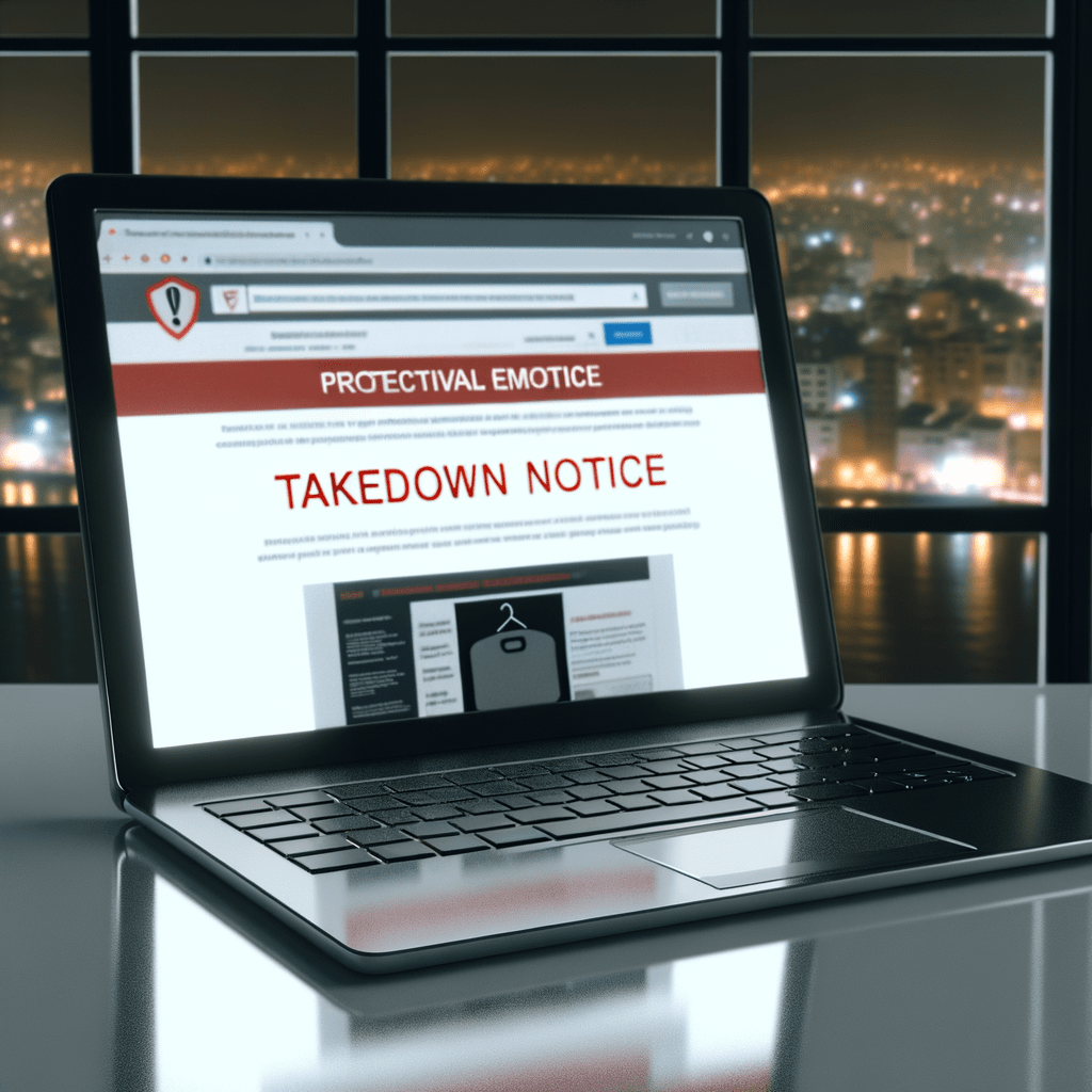 Laptop exibindo aviso de remoção de anúncio falso em marketplace, destacando proteção de marca para e-commerces.