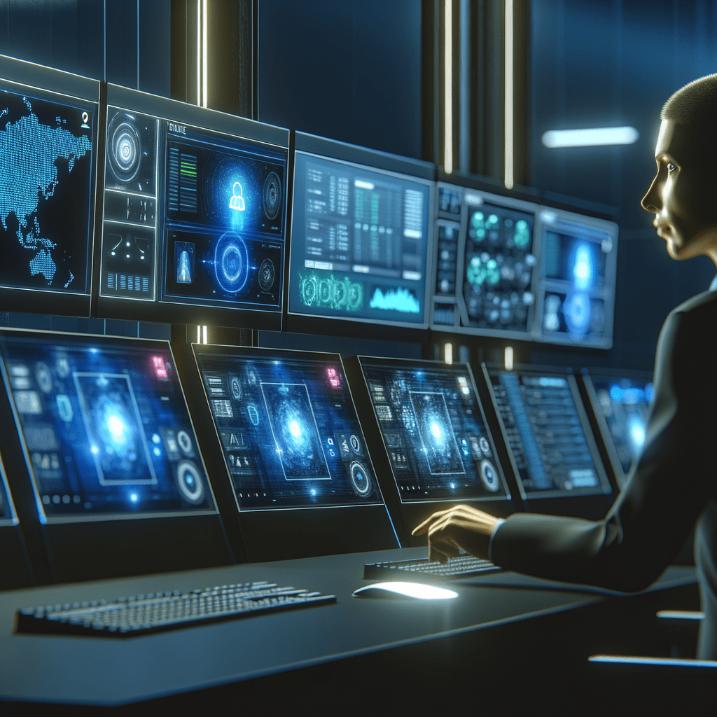 Profissional monitora dados e alertas de segurança em sala de controle avançada, destacando proteção de marca nos marketplaces.