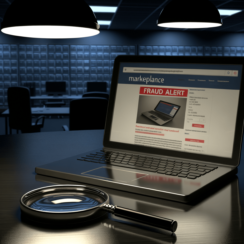 Laptop com site de marketplace exibindo produto suspeito destacado em vermelho, lupa sobre documento com 