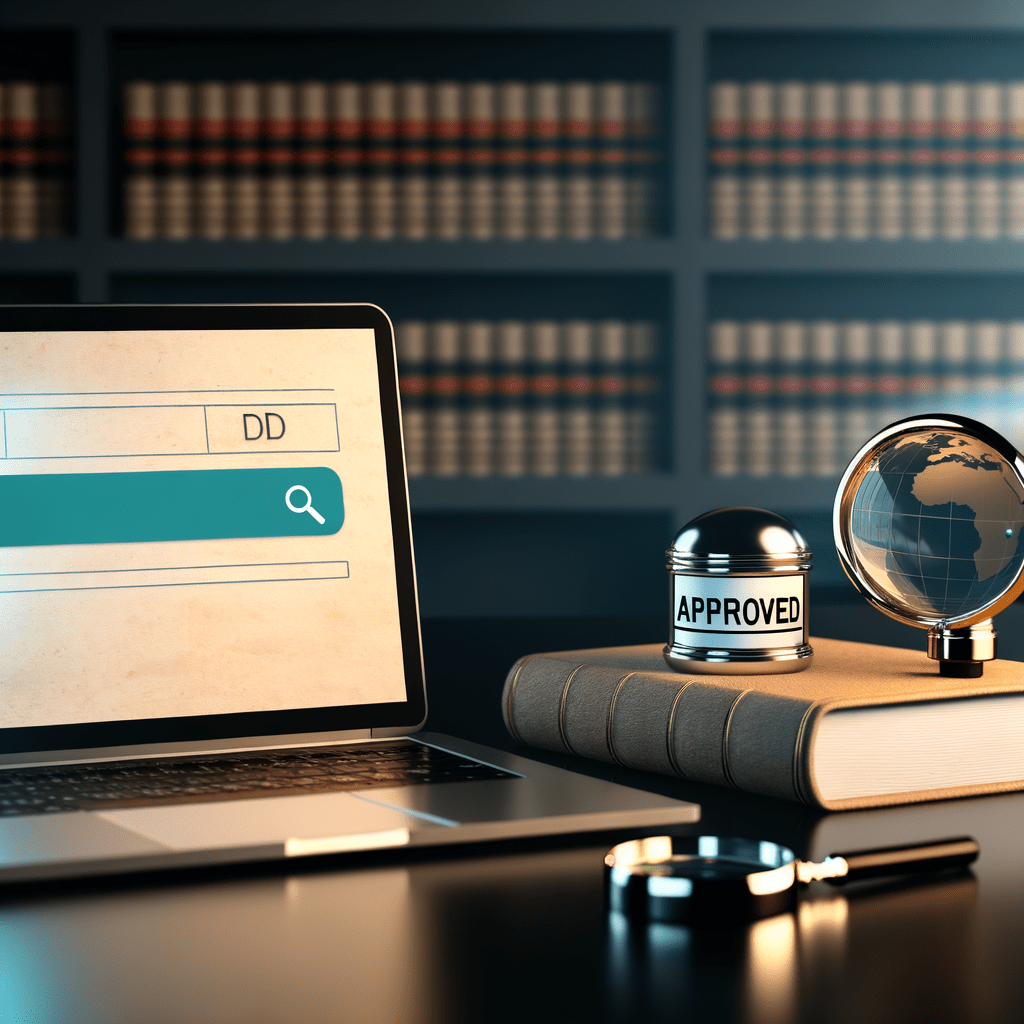 Laptop com busca de disponibilidade de domínio ao lado de documentos legais, lupa e carimbo 