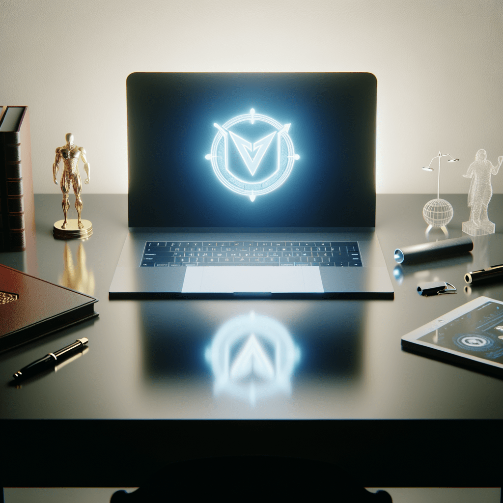 Workspace com laptop exibindo logo futurista, objetos de inovação e tradição, ideal para inspiração em naming de empresa e nomes de marcas.