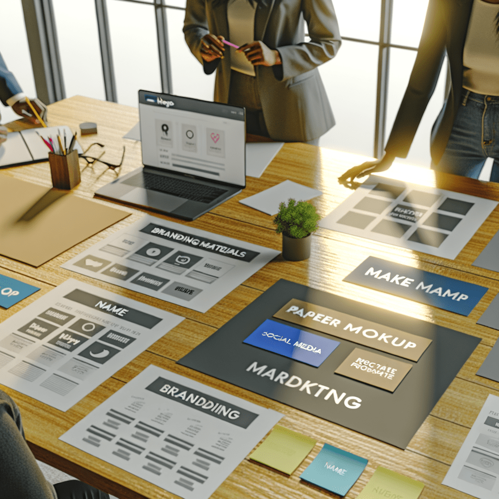 Equipe diversa colaborando em ideias de nomes de marcas, analisando logos e protótipos em um ambiente moderno e criativo.