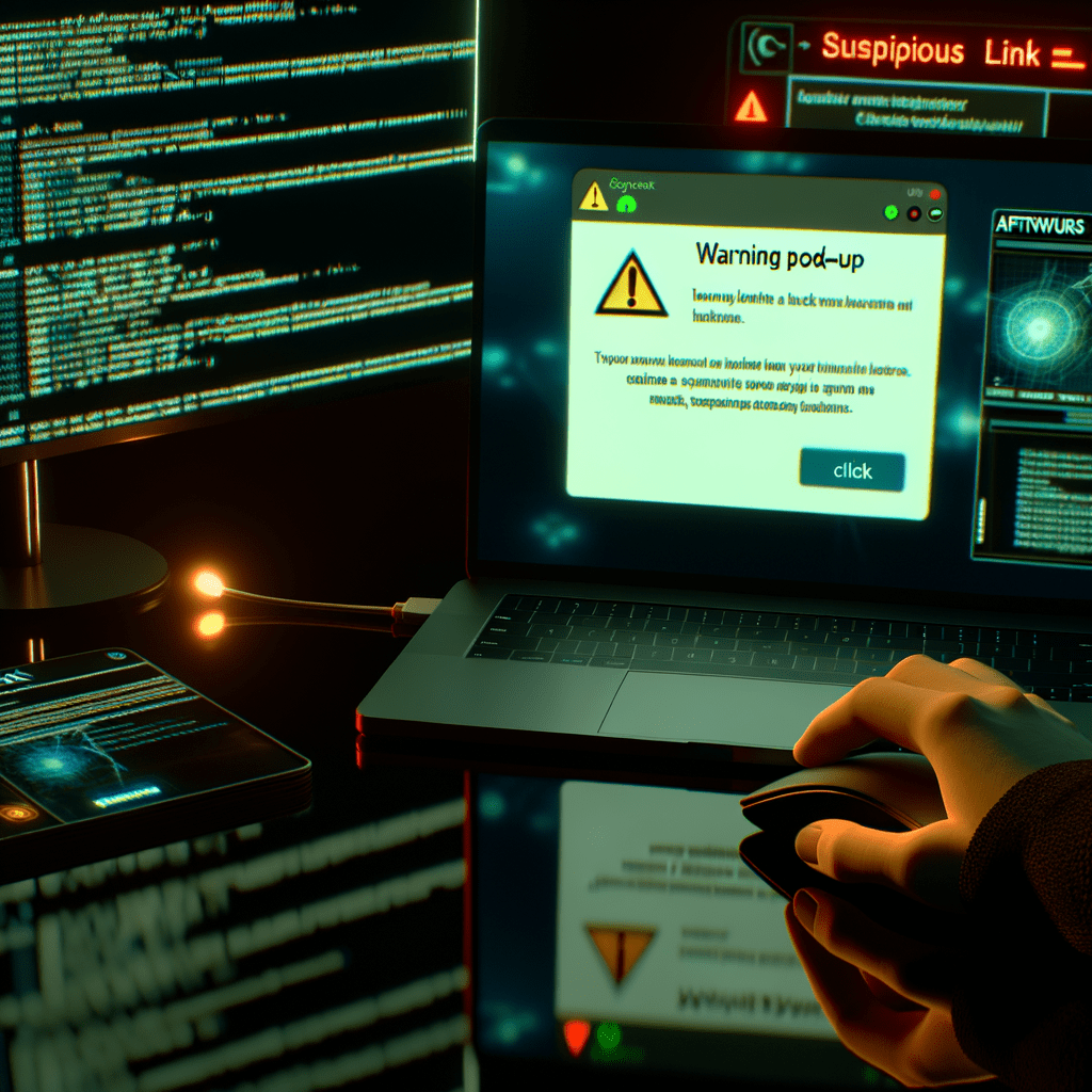 Laptop com alerta de link malicioso, ferramentas de cibersegurança ativas e mão hesitante sobre o mouse, destacando concorrência desleal.