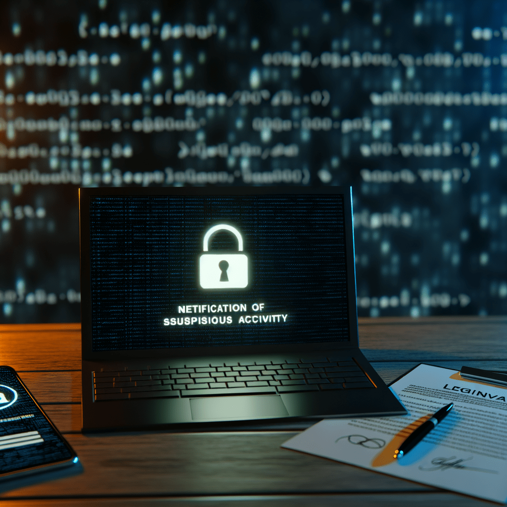Laptop com alerta de cibersegurança, cadeado brilhante na tela, ao lado de documentos legais e notificação suspeita no smartphone.