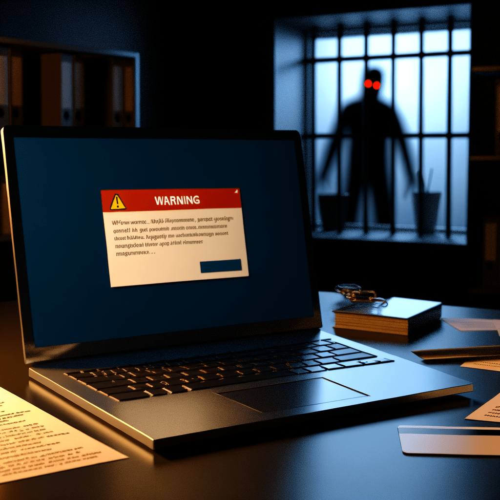 Laptop com alerta de link malicioso, documentos espalhados e cartão de crédito, destacando ameaças cibernéticas e concorrência desleal.