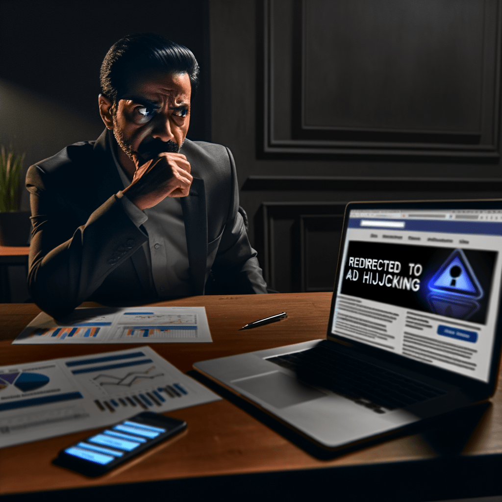 Laptop showing hijacked ad redirecting to suspicious site, with worried professional and distorted analytics on smartphone nearby.
