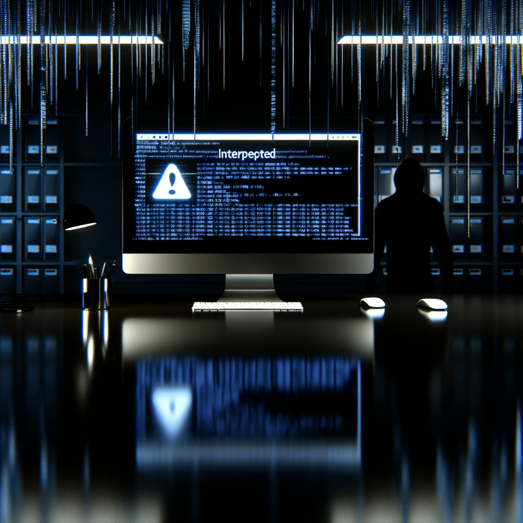 Tela de computador exibindo anúncio interceptado em escritório escuro, com códigos digitais e figura sombria simbolizando ads hijacking.