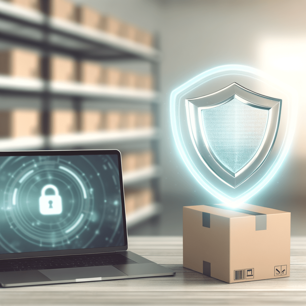 Laptop com painel de e-commerce, embalagem com logo e símbolo de proteção, destacando o Amazon Brand Registry.