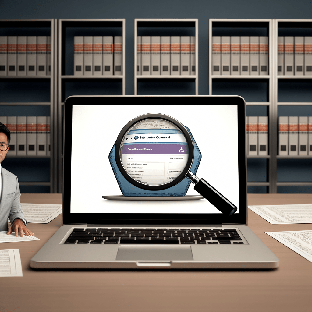 Laptop com ferramenta de consulta de registro de marca, documentos e lupa em mesa, com advogado e livros jurídicos ao fundo.