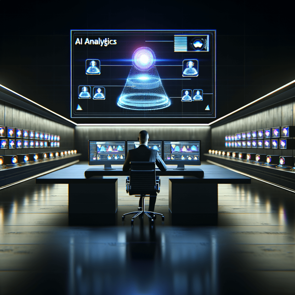 Mesa moderna com interface holográfica exibindo alertas de plágio em anúncios Magazine Luíza, pessoa analisando dados com expressão séria.
