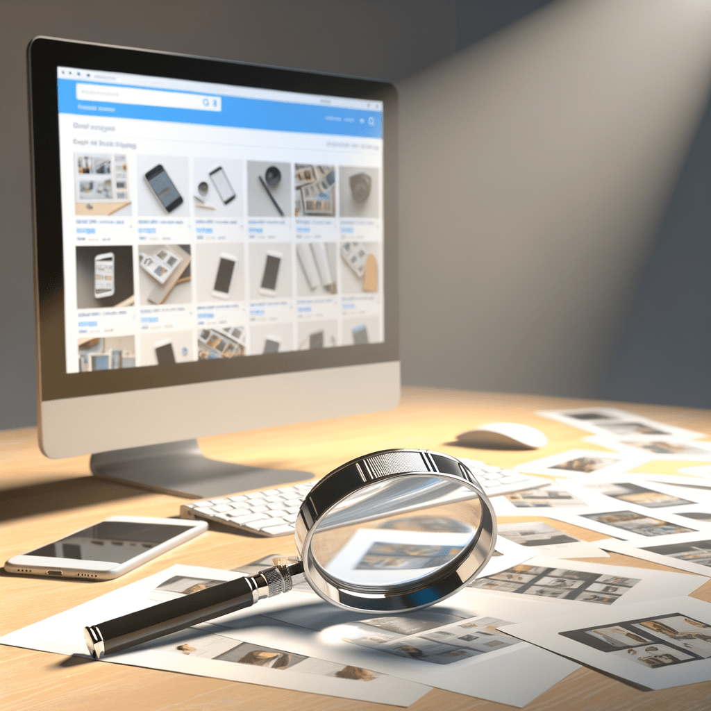 Tela de e-commerce com lupa sobre anúncios, smartphone exibindo busca reversa e fotos de produtos em mesa organizada.