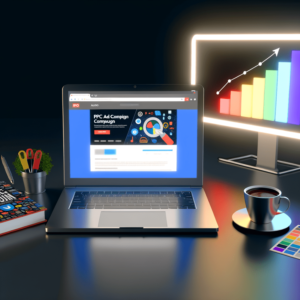 Laptop showing PPC ad campaign interface with branding tools and glowing success graph in a modern workspace.