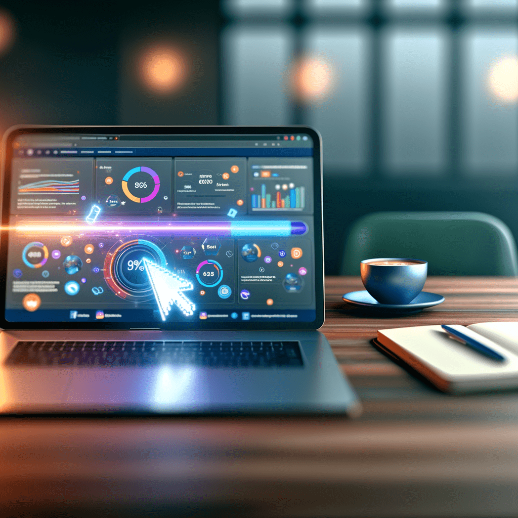 Laptop showing PPC ad metrics dashboard with a glowing click icon, social media logos, coffee cup, and notepad on a desk.