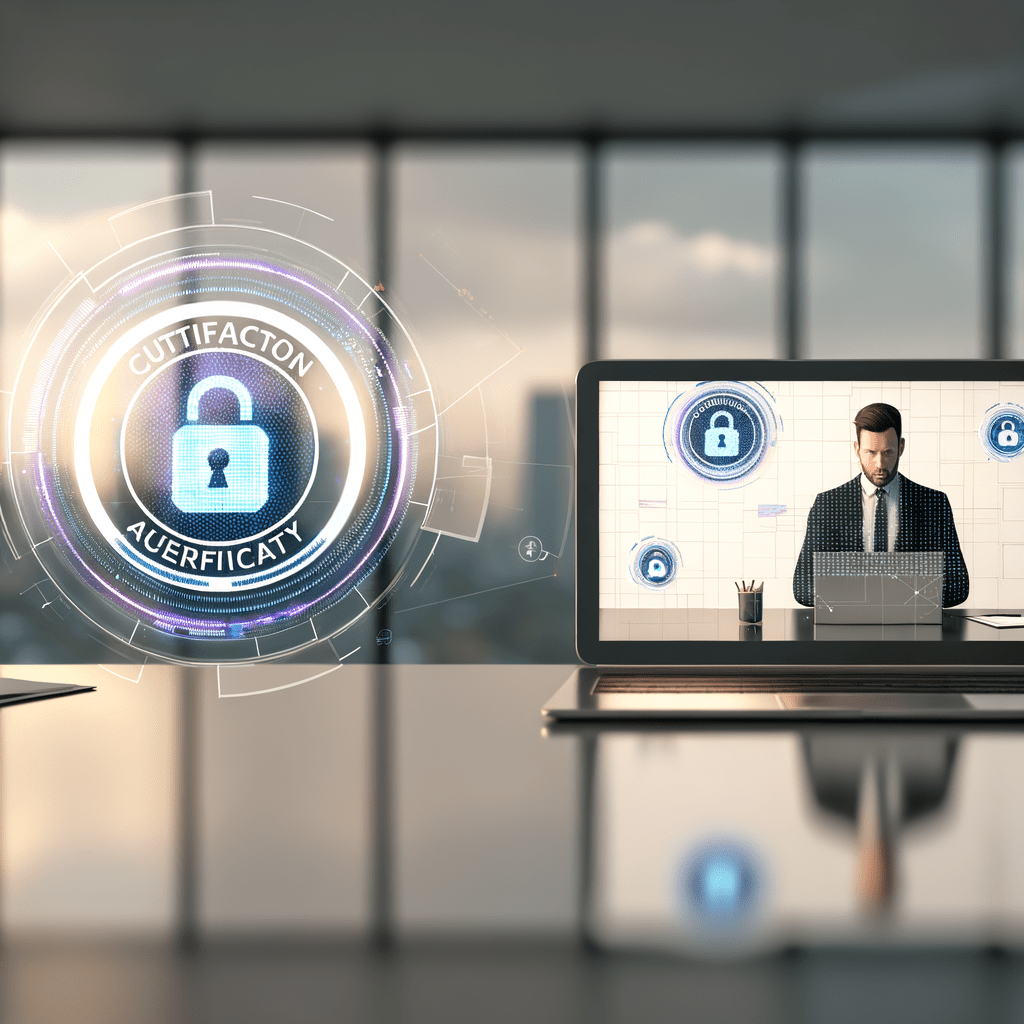 Profissional em escritório usando laptop com interface de certificado digital, hologramas de segurança e logo de autoridade certificadora.