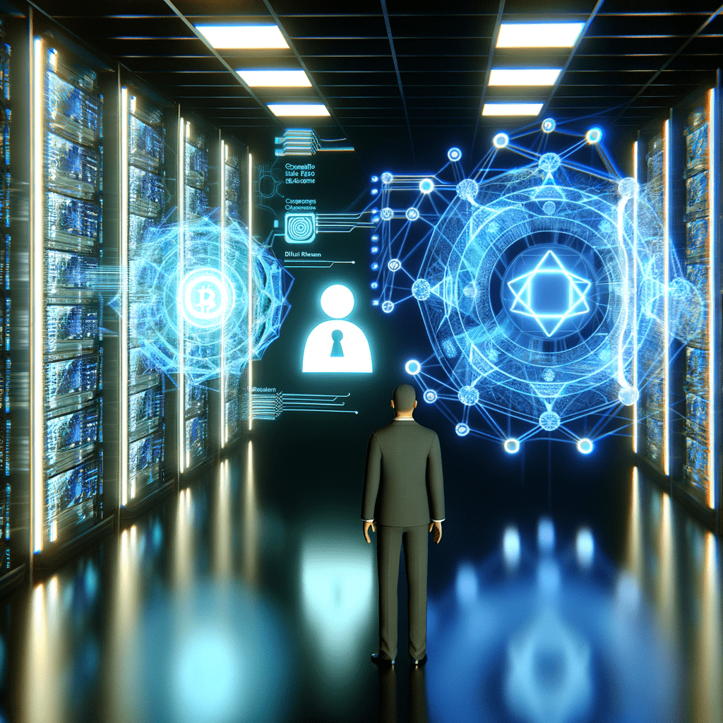 Servidor futurista com hologramas de blockchain e segurança AI, certificado digital integrado, profissional em traje simbolizando inovação e confiança.