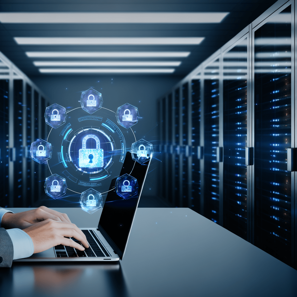 Laptop com tela de login seguro em mesa de escritório, cercado por hologramas de cadeados digitais, destacando certificado digital.