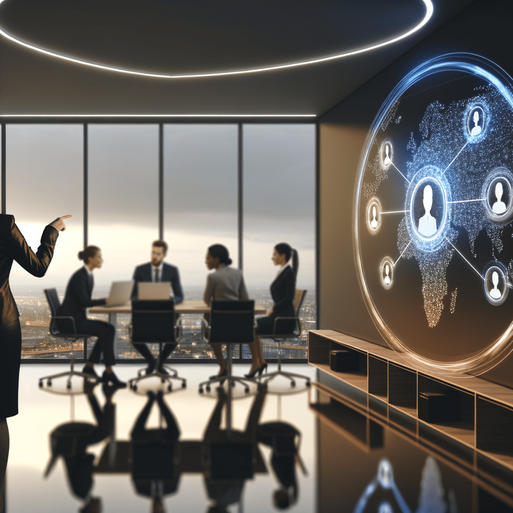 Equipe em escritório moderno analisando mapa de contatos B2B em tela digital, destacando conexões entre empresas.
