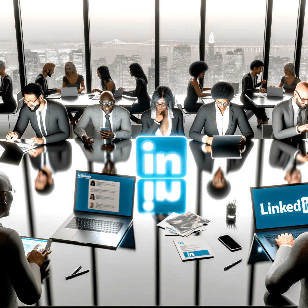 Profissionais em escritório moderno conectando-se em plataformas B2B, com logo do LinkedIn e mesa com cartões e documentos empresariais.