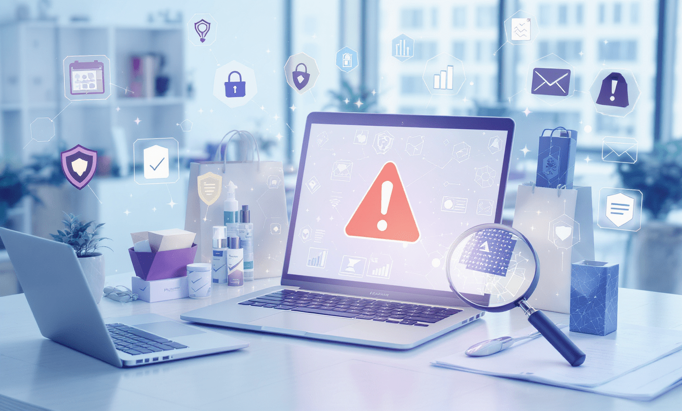 Laptop com alerta sobre anúncio falso Magazine Luíza, lupa inspecionando produto falso e ícones de segurança modernos