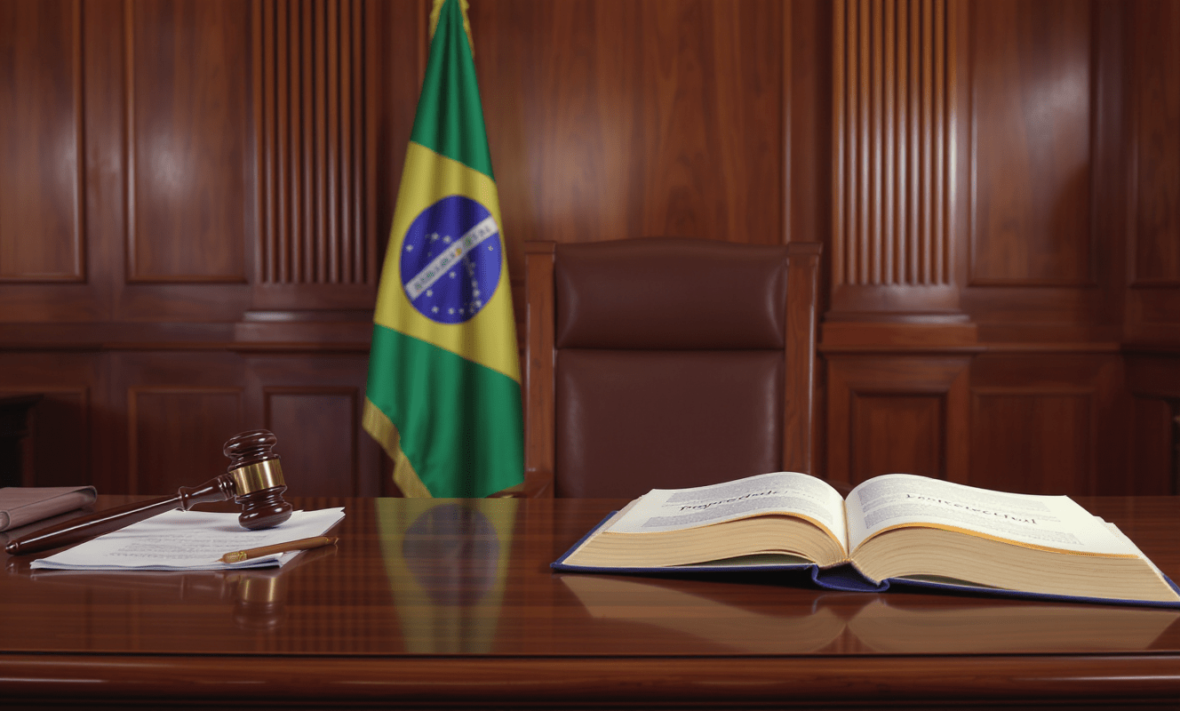 Tribunal moderno com bancada de juiz, documentos legais e livro