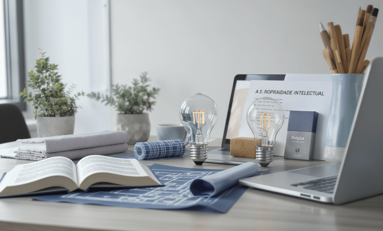 Mesa moderna com objetos que simbolizam tipos de propriedade intelectual: livro aberto, lâmpada, blueprint e embalagem, com laptop exibindo documento legal.