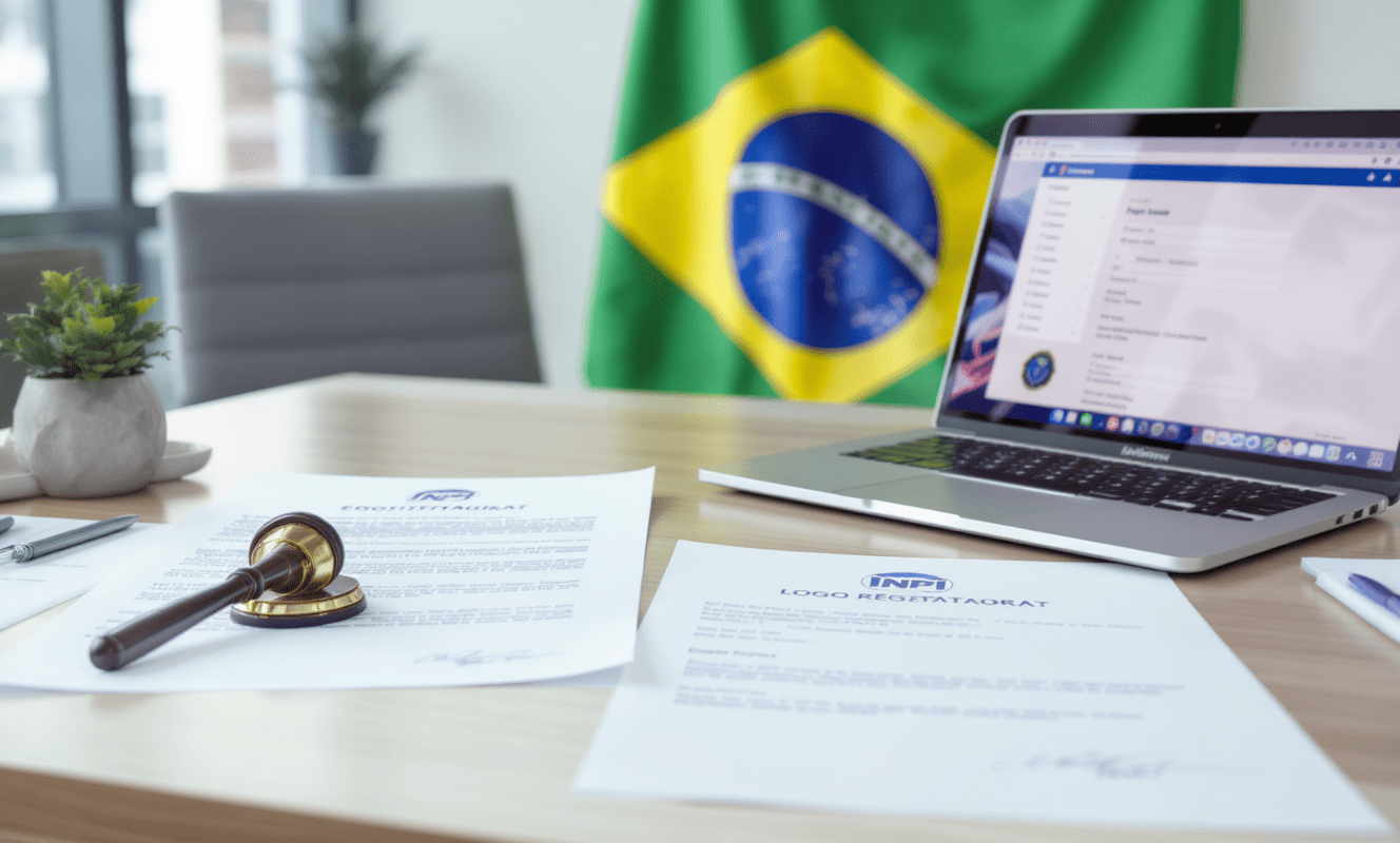 Documentos de propriedade intelectual em mesa com certificado de patente e formulário de registro de logo no laptop, bandeira do Brasil ao fundo.