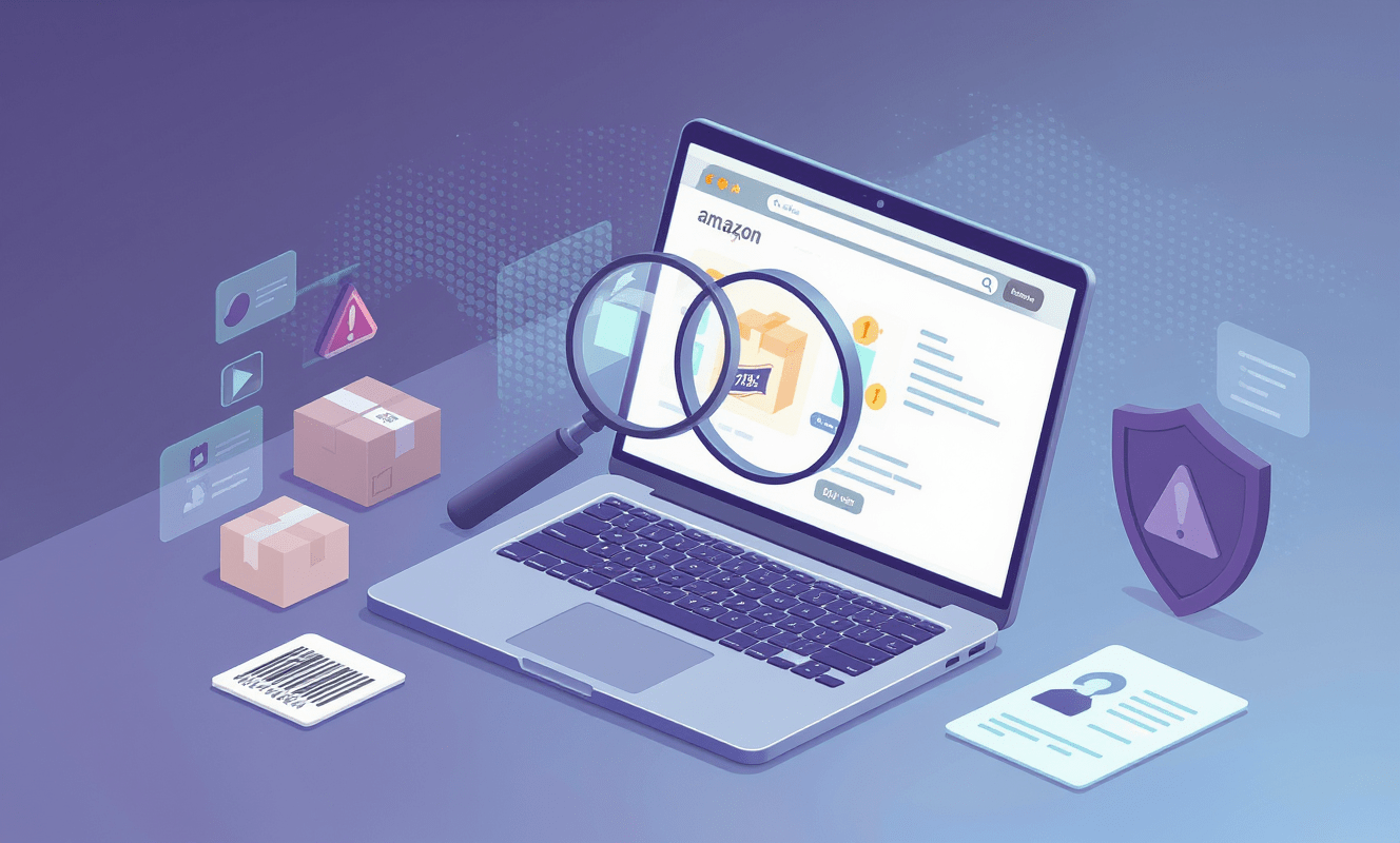 Workspace investigativo mostrando página de produto falso na Amazon, lupa em detalhes, ícone de proteção e alerta de anúncio falso