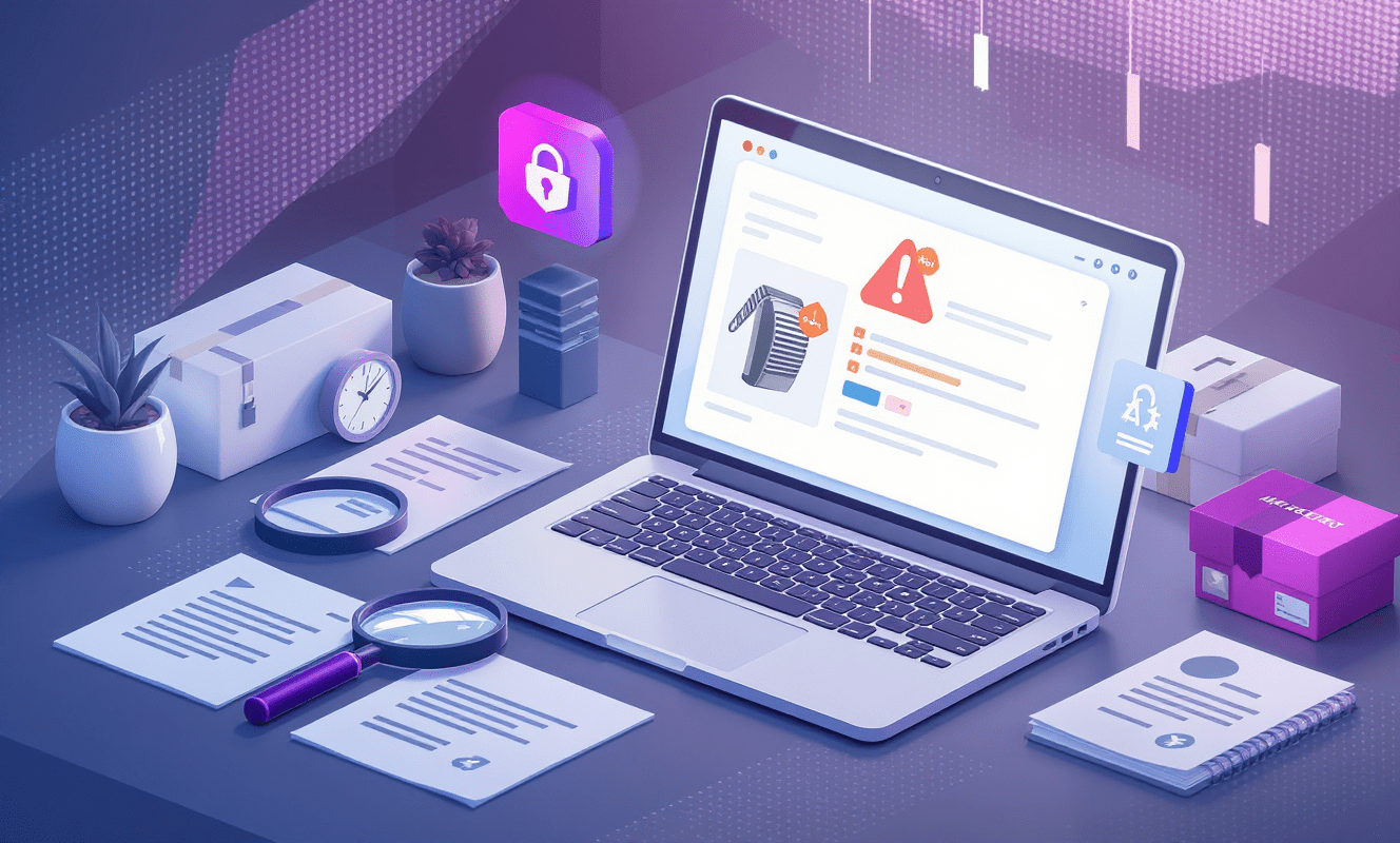 Workspace com alerta de anúncio falso Amazon, lupa, documentos e ferramentas para remover produto falso na Amazon